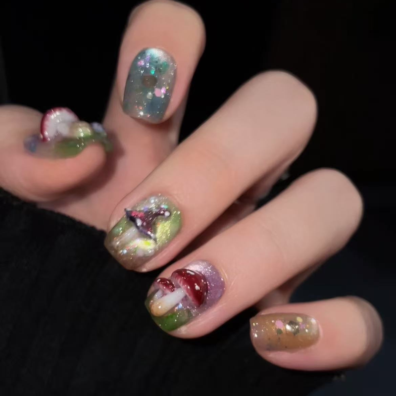 【Dreamy Luminous Mushrooms】Handmade Wearable Nails 10-Piece Set Dopamine Color Creative Design Luminous Nails