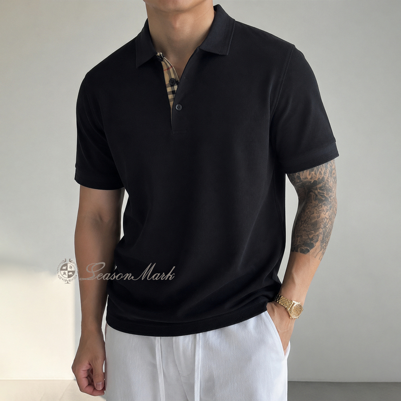 Season Mark Pure Cotton Plaid Collar Polo Shirt Short-Sleeved Business Formal Shoulder Cool Breathable Men's T-Shirt