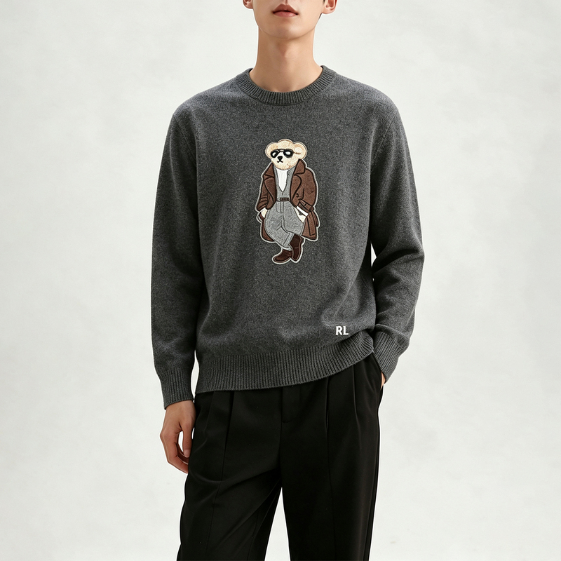 Seasonmark Wool Blend Bear Crew Neck Knit Sweater, Relaxed Fit, Breathable, Commuter Casual Unisex Sweater for Autumn