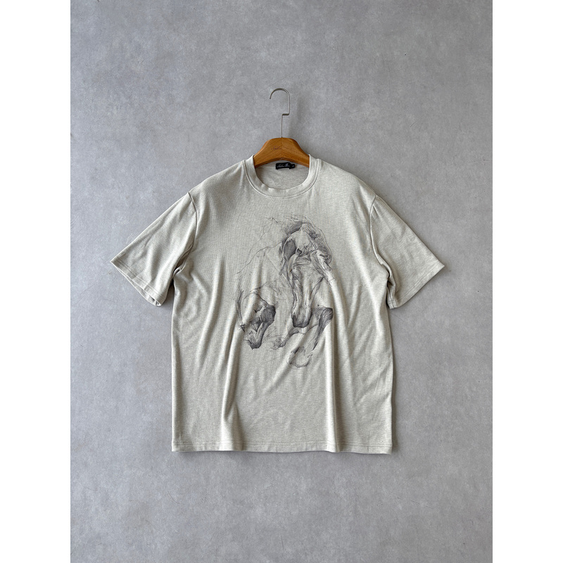 H1C Yingma* Hand-Painted Printed Bamboo Texture Blended Relaxed Micro-Oversized Short-Sleeve Shirt, Lightweight/Soft and Highly Elastic for Spring and Summer