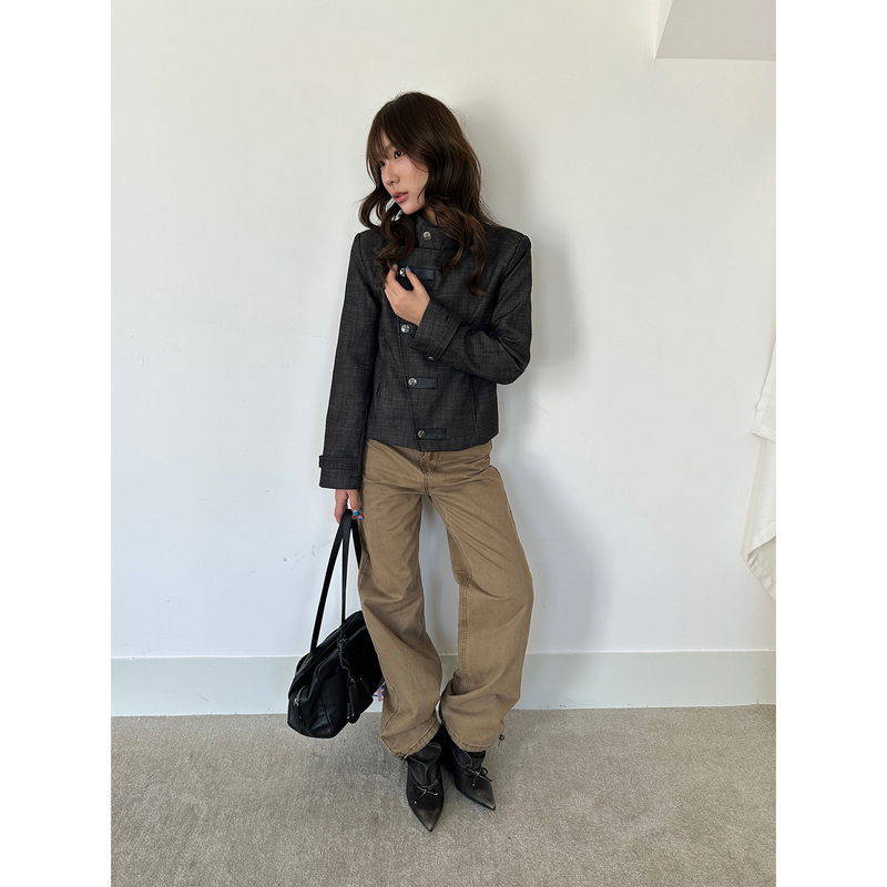 H1C Napoleon* Bamboo Denim Cotton Short Waist-Cinching Jacket with Diagonal Placket, Leather Embellishments/Multiple Styles