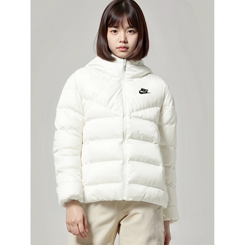 Nike Solid Color Logo Printed Hooded Windproof Warm Long-Sleeved Puffer Jacket for Women White Dq5904-13