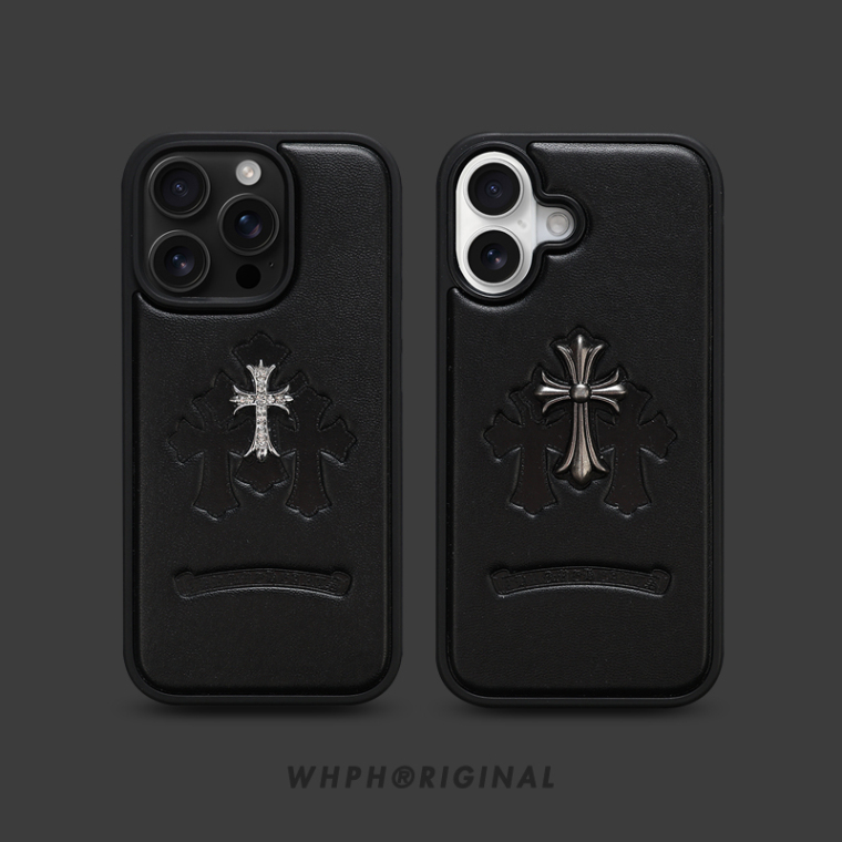 Retro Leather 17/16/15 Pro Max For Girls – Embossed Cross Design Chrome Hearts iPhone Case