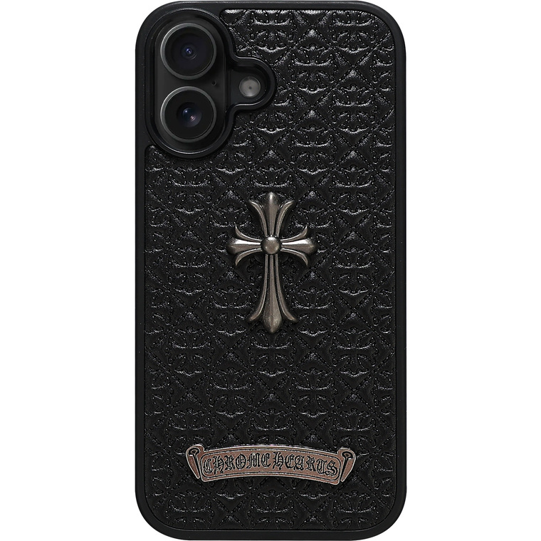 Chrome Hearts 17/16/15/14/13 Pro Max : 3D Gothic Cross Metal & Matte Flower Design iPhone Case
