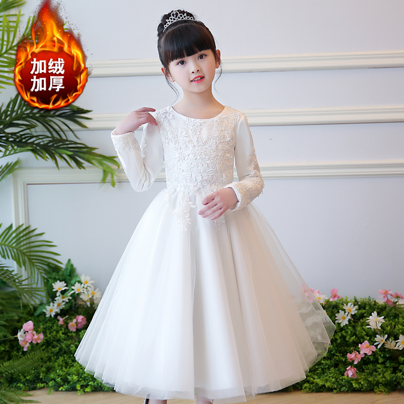 Girl Gown Dress Winter Children Wedding Dress Fluffy Dress Princess Flowers Children Birthday Piano Show With Long Sleeves Gush White