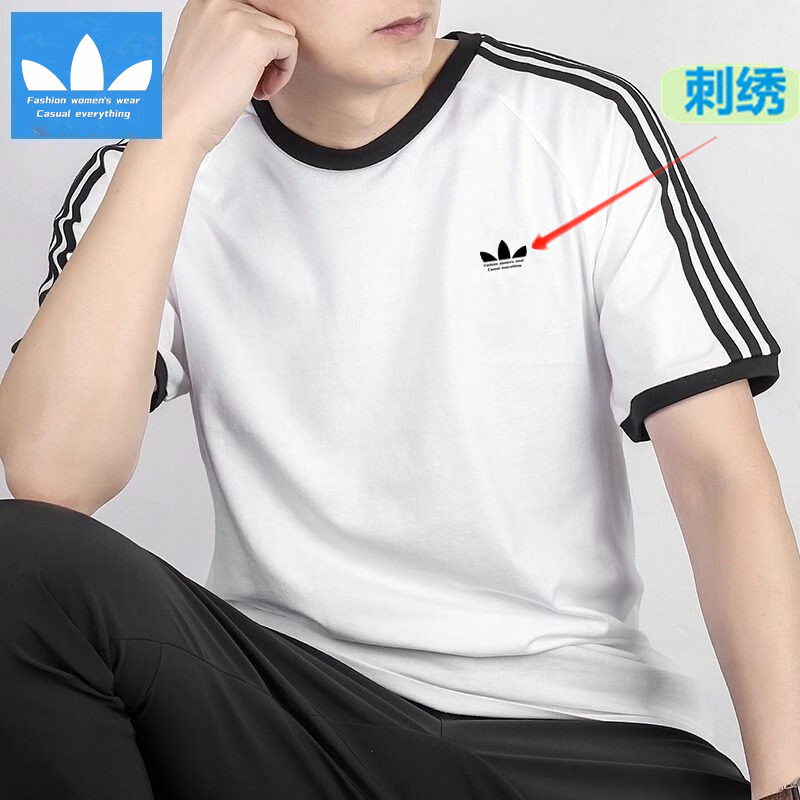 Ole Three-Stripe Short-Sleeved Sports T-Shirt for Men and Women, Round Neck, Pure Cotton, Versatile Casual Top, Couple's Embroidered Top Ole Three-Stripe Short-Sleeved Sports T-Shirt for Men and Women, Round Neck, Pure Cotton, Versatile Casual Top, Couple's Embroidered Top