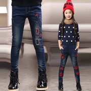 Quần jeans bé gái mùa đông 2018 mới có trẻ em lớn trẻ em phụ nữ nước ngoài cộng với quần nhung dày cho bé gái mặc quần dài