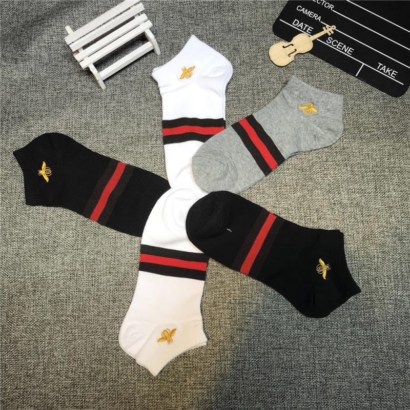 5 Pairs of Spring and Summer Bee-Themed Gold Thread Embroidery Color-Block Striped Men's Low-Cut Short Anti-Odor Breathable Cotton Ankle Socks