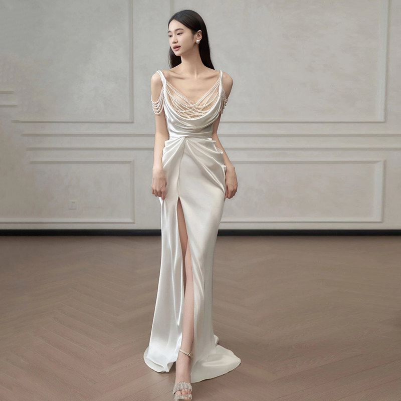 Advanced wedding dress from pearl, evening dress, french style, high-quality style, lifting effect, lace dress, backless, 
