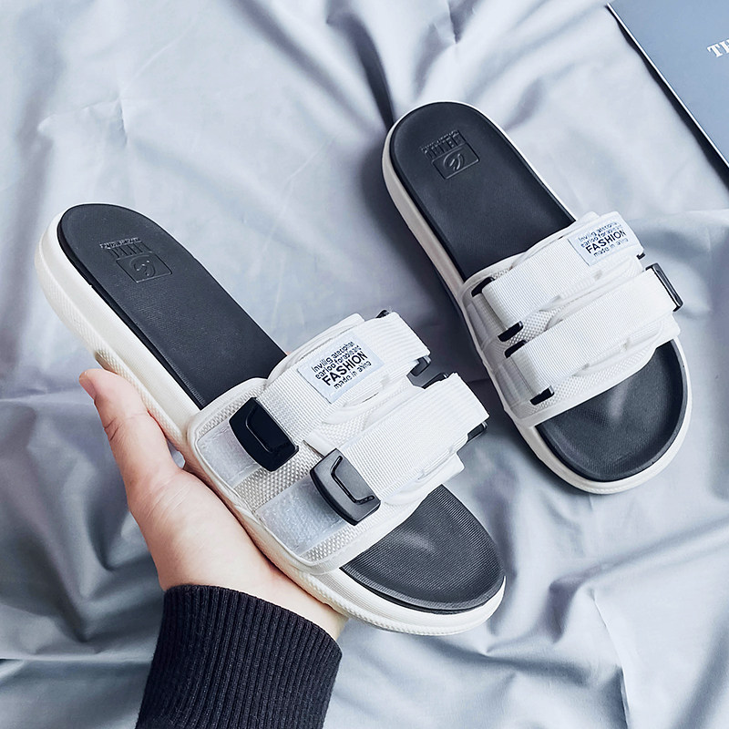 2020 New Slippers Men's Summer Fashion Exterior Wear Korean version Straight Trailer Lovers Net Red Beach Shoes Soft Bottom Non-slip Sandals