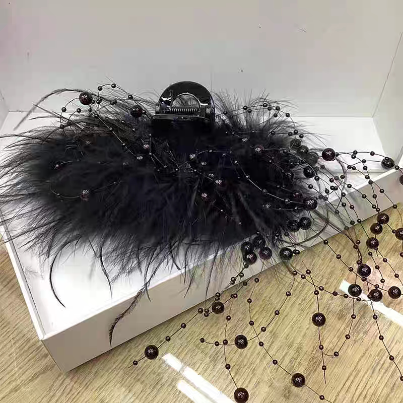 Pure Desire Style Feather Tassel Hair Clip for Women 2024 New Ostrich Feather Hair Clip for Updo at the Back of the Head Shark Clip Hair Accessory