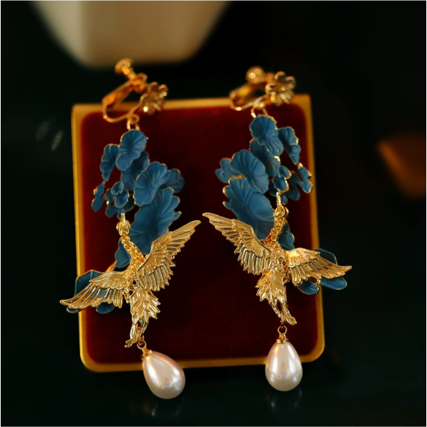 Chinese Earrings Jingtai Blue Ear Clip without earbuds Earrings Flowers Micro Inlaid Double Delight Earrings Palace Temperament Qipao Accessories-Taobao