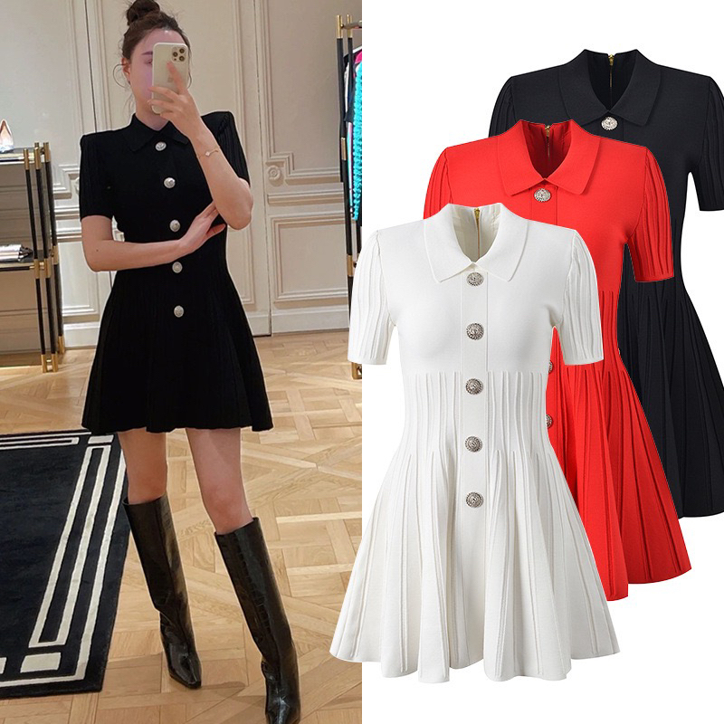 Emphasisman's New Design, Elegant Polo Collar, Slim Knitted Skirt, French Single-Breasted Waist Dress