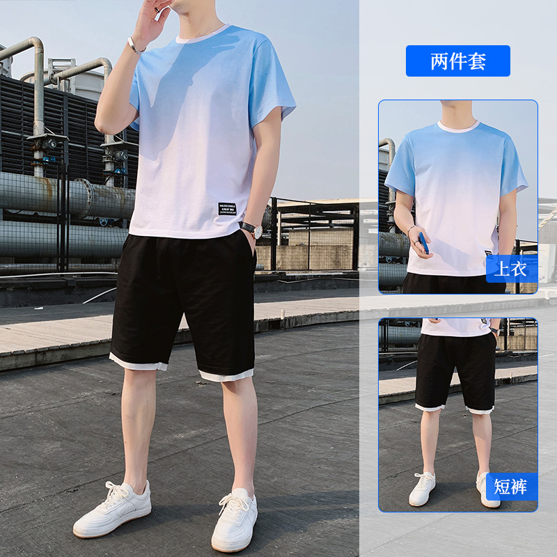 <!--品牌运动套装男士夏季纯棉短袖t恤青少年宽松初高中学生上衣服-->