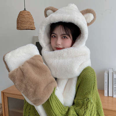 【三件套】冬季加厚小熊帽子围巾一体