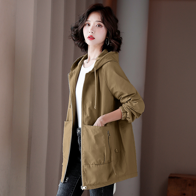 Fall Wind Jersey Woman Medium Long Version Coat 2021 New Korean Version Loose Large Size Women's Clothing Casual Work Suit With Cap Pop