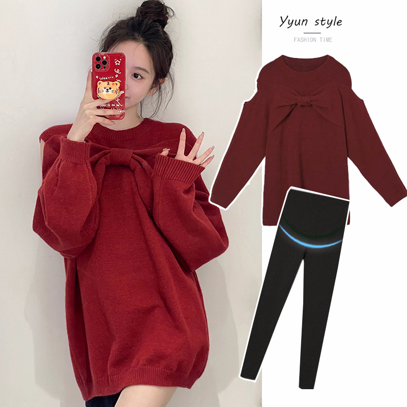 Maternity Wear Fashionable Autumn and Winter New Style Bow Knitted Long-Sleeved Sweater Loose Casual Pregnancy Two-Piece Suit Maternity Wear Fashionable Autumn and Winter New Style Bow Knitted Long-Sleeved Sweater Loose Casual Pregnancy Two-Piece Suit