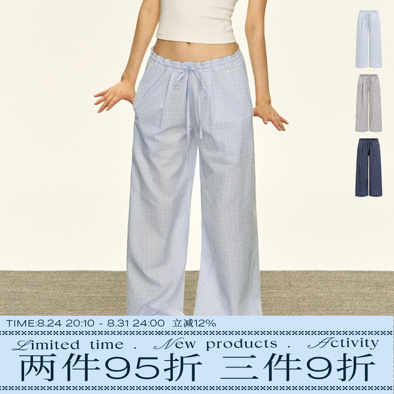 Ariseism American Retro Thin Blue Plaid Casual Pants for Women, New Summer Low-Waist Loose Wide-Leg Pants
