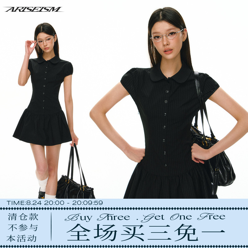 Ariseism American Retro Doll Collar Black Vertical Stripesd Dress Women's Summer New Slim Fit Skirt Ariseism American Retro Doll Collar Black Vertical Stripesd Dress Women's Summer New Slim Fit Skirt