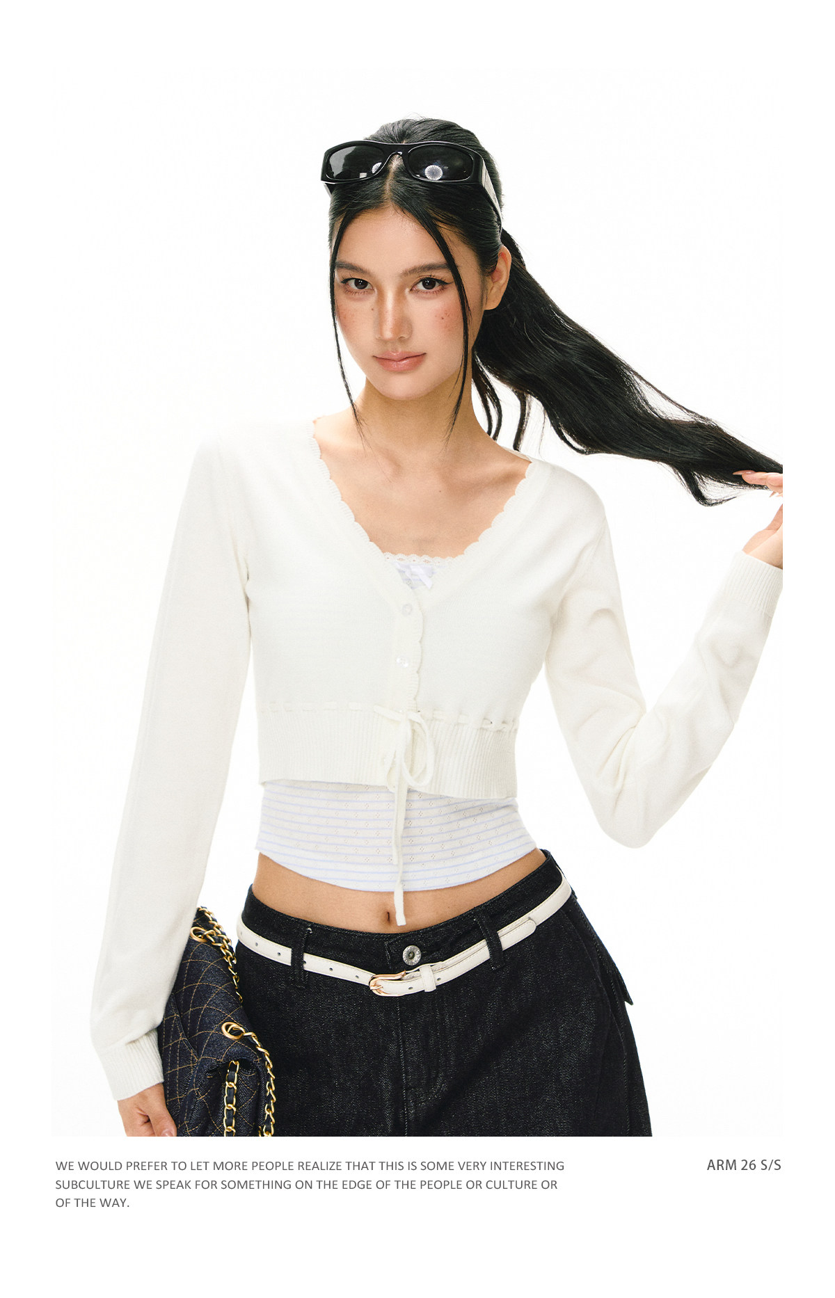 ARISEISM White V-Neck Long-Sleeve Cropped Cardigan