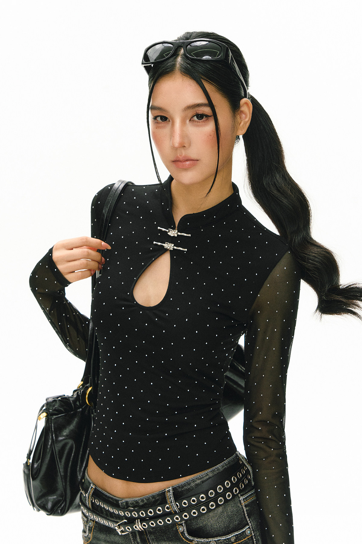 ARISEISM Black Polka Dot Slim-Fit Long-Sleeve Top