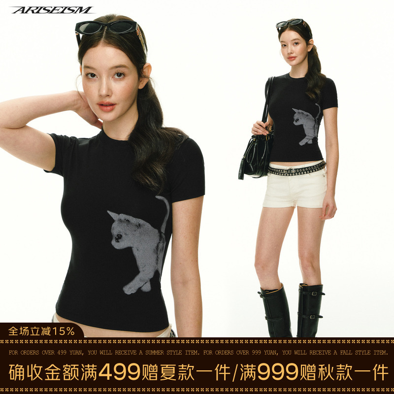 Ariseism American Retro Cat Print Short-Sleeved T-Shirt for Women, New Summer Slim-Fitting Top