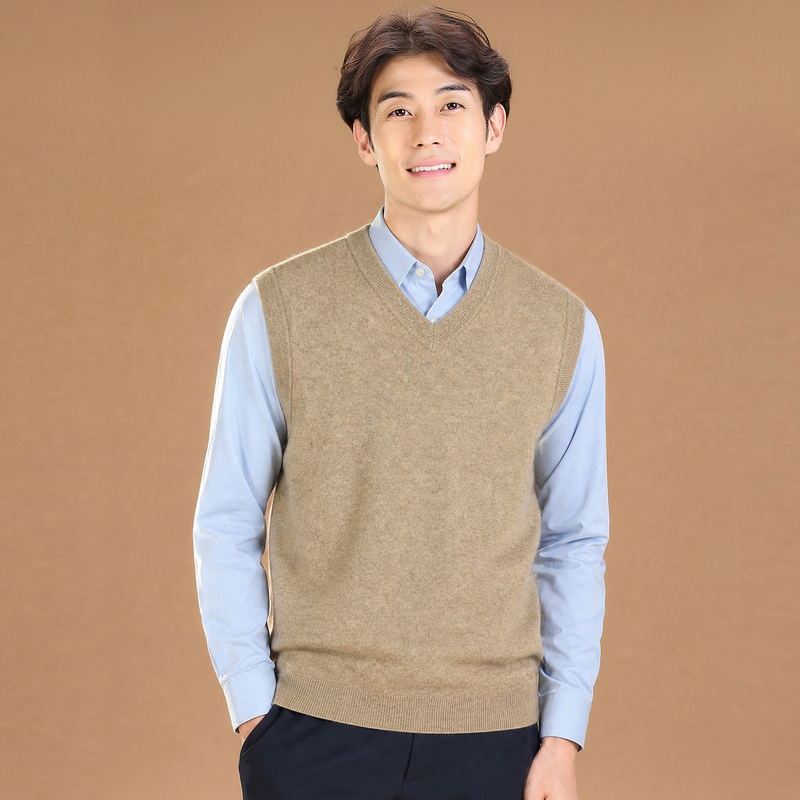 Womon 100% Cashmere Vest Men's V-Neck Autumn and Winter Middle-Aged Pure Cashmere Sweater Solid Color Loose Sleeveless Wool Vest