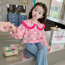 Girls doll collar shirt spring and autumn 2024 new childrens strawberry lace bottoming shirt baby cute rabbit top