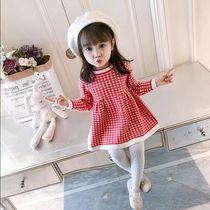  Girls  dresses autumn 2021 new childrens knitted plaid skirt baby Western princess skirt Korean sweater