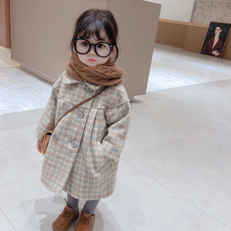 Girl's woolen sweatshirt with checkered cotton thickened autumn and winter long sleeve cardiovert girl's long version of the turtlenecck jacket