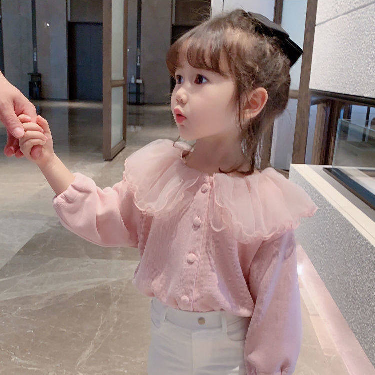 Girl's long sleeve thick cotton T spring autumn girl net yarn Bottom Shirt Child Princess Cardiovert Baby Lace Collar Doll Shirt