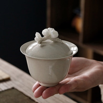 Retro Grass Wood Grey Lid Bowl Pinching Plum Blossom Pure Artisanal Jingde Town Single Venerable Tea Bowl Kongfu Tea With Tea Maker Home