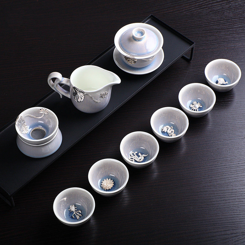 Kung Fu Kilo Changing Moonlight Teapot Justice Tea Cup Suit Inlaid Silver Creative Tea Set Office Ceramic Full Set Guest Gifts