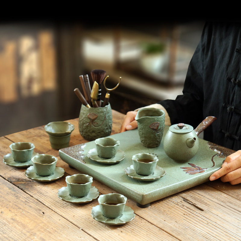 Qutifu Tea Furniture Set Group Ceramic Tea Tray Water Storage Tea Table Kilns of tea table Tea Pot Cups side treat household suit Japanese style briefing