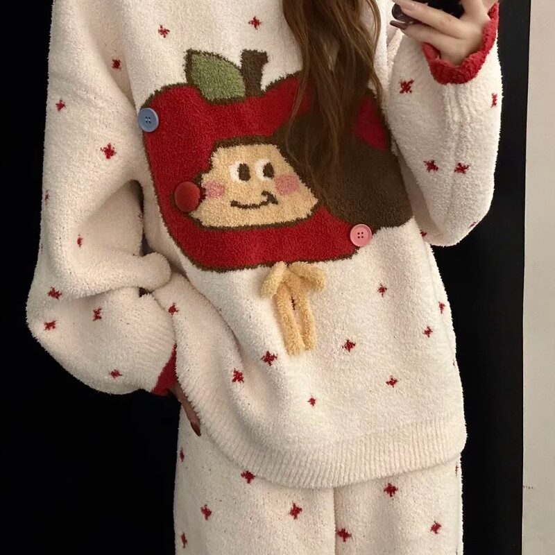 Cartoon Pajamas for Women, Half Velvet, Winter Fleece-Lined, Thickened, Warm, New Year Red, Christmas Apple, Cute Loungewear Set