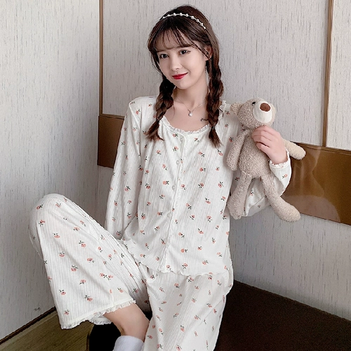 Пижама, хлопковый лонгслив, сексуальный комплект, осенняя, коллекция 2022, популярно в интернете, круглый воротник, цветочный принт