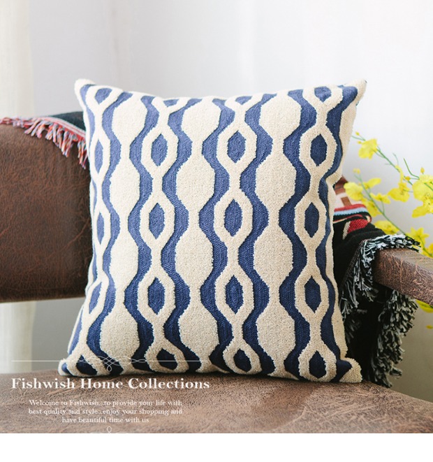 Hình học đệm màu xanh và trắng bao gồm đệm sofa sọc và vải lanh Mỹ gối tựa lưng thêu không có lõi - Trở lại đệm / Bolsters gối kèm chăn 2 trong 1