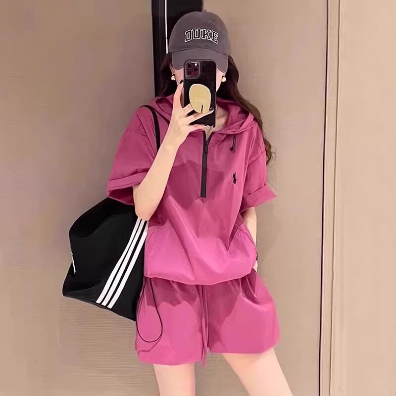 2026 Korean Style Summer New Casual Hooded Short-Sleeved Shorts Sportswear Suit for Women, Fashionable Sun Protection Two-Piece Set Trendy