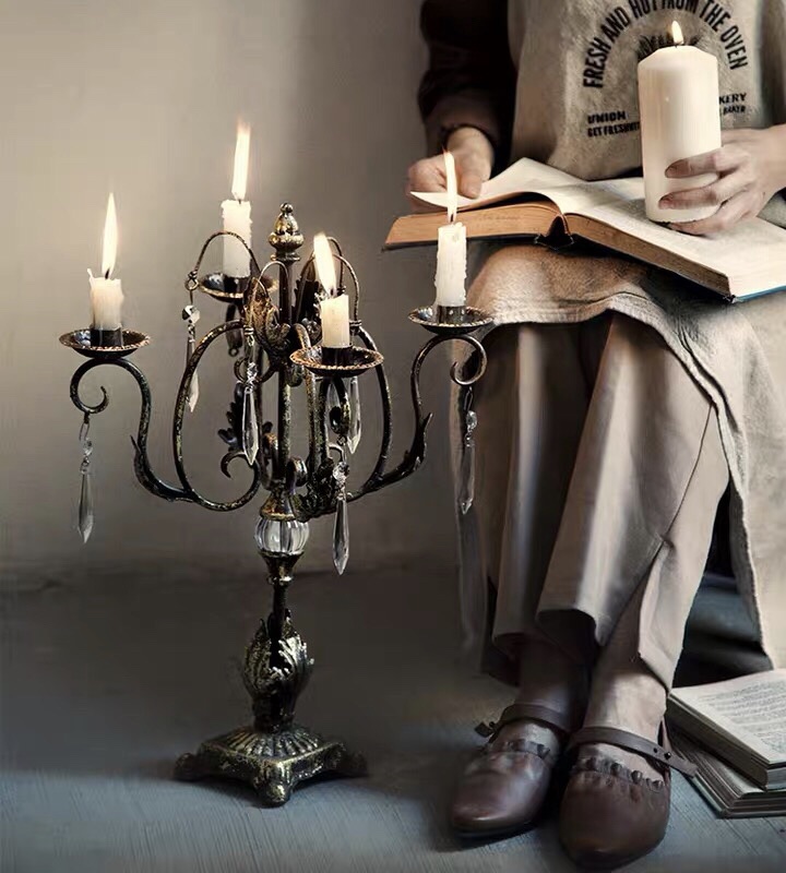 French country retro old gold iron crystal luxury candlestick photography props Christmas wedding homestay