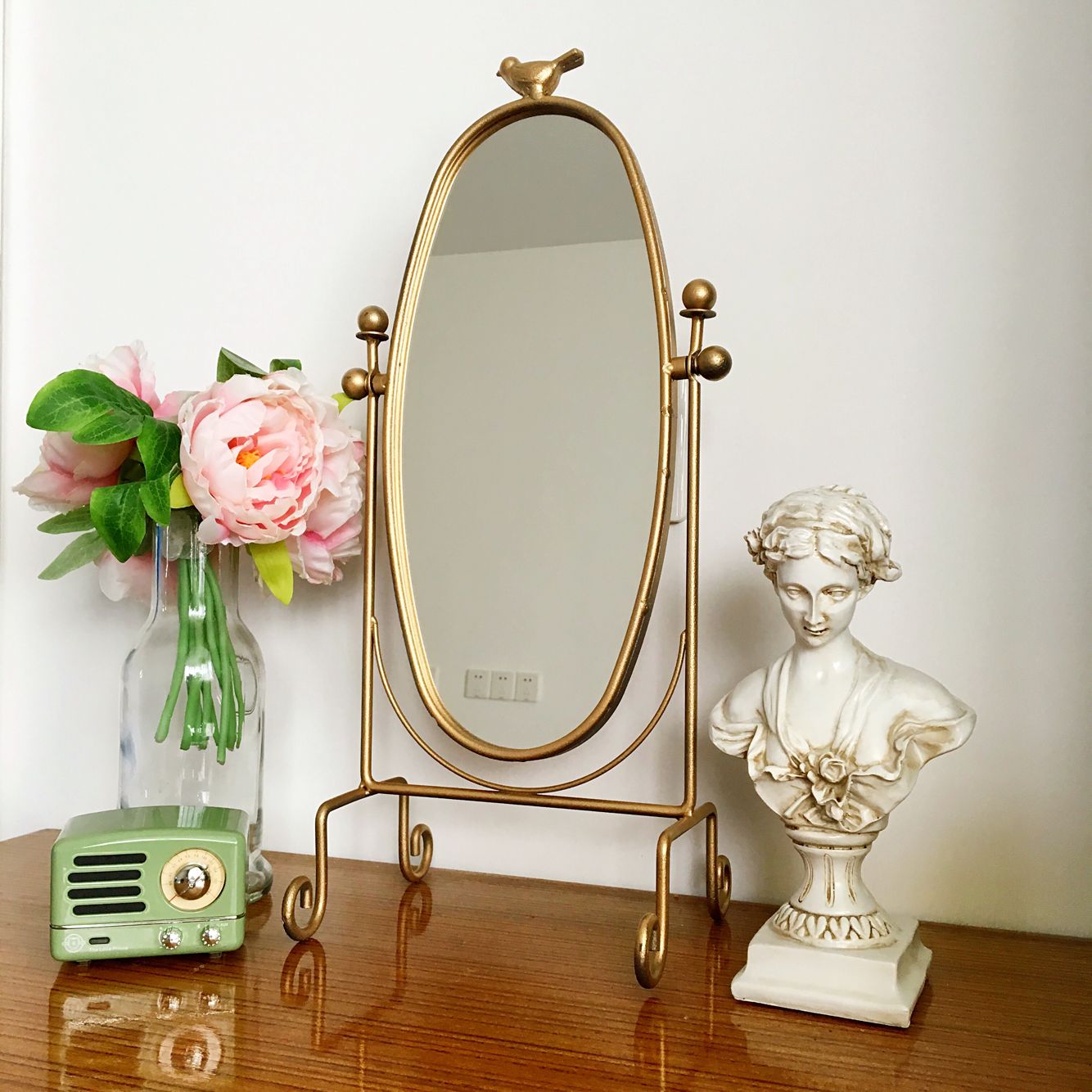 houzz European and American style retro gold iron metal bird desktop desktop makeup mirror dressing mirror large