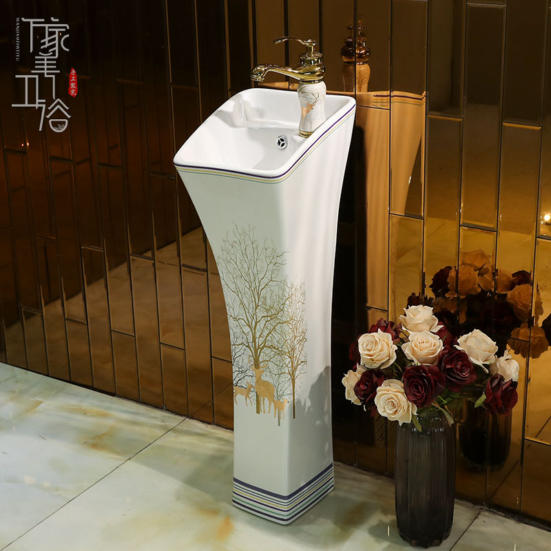 Ceramic column wash basin basin one household floor-to-pillar basin cosmetic room vertical tablet gold deer