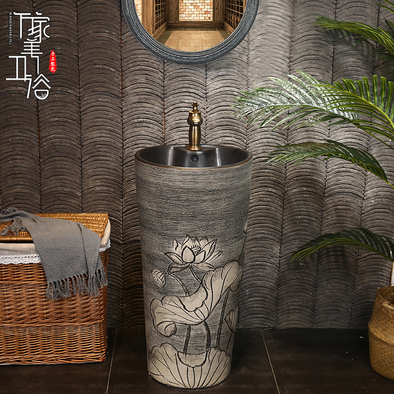 Retro engraving upright post basin small number vertical ceramic washbasin make-up room floor-type integrated column type washbasin