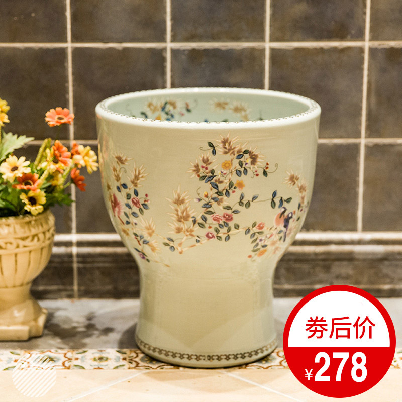 Retro Ceramic Mop Pool Art Basin Mop Pool Round Integrated Mop Pool Caliber 35cm Cracks Flower Bird