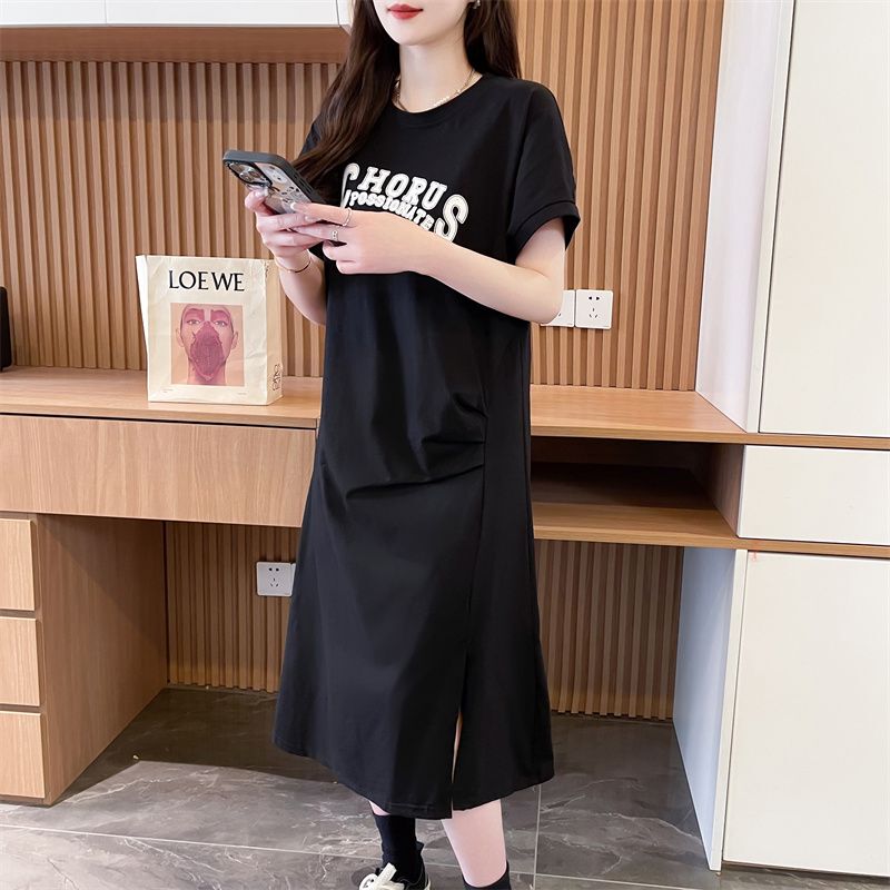 Lazy Style Waist-Cinching Loose Plus-Size Short-Sleeve T-Shirt Dress, Long Over-The-Knee Slit Korean-Style Casual Top for Women