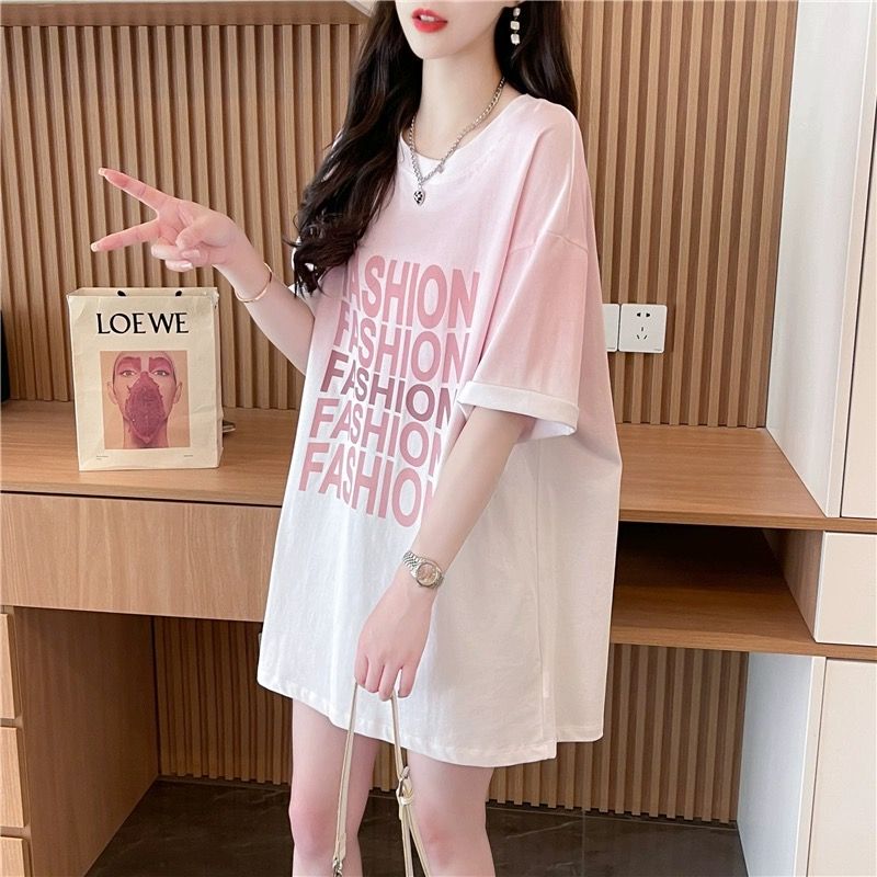 Pure Cotton Gradient Color American Street Style Design, Trendy and Relaxed Mid-Length Summer Short-Sleeve T-Shirt for Women