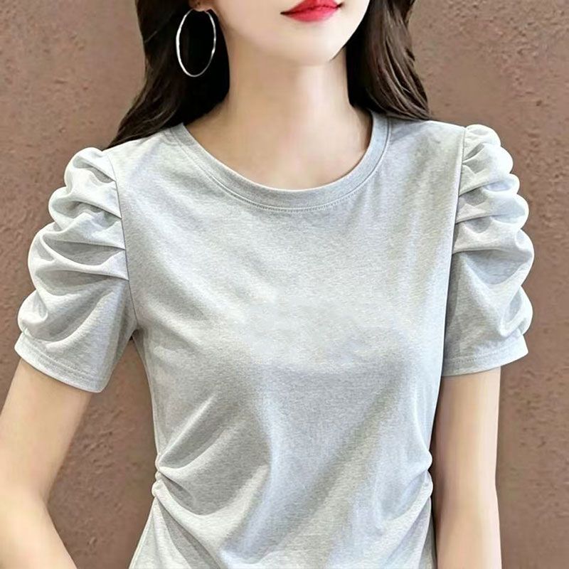 Casual Summer Short-Sleeved Round-Neck Skin-Friendly High-Quality Cotton Design New Style French Puff-Sleeve T-Shirt Stylish Slimming Top Casual Summer Short-Sleeved Round-Neck Skin-Friendly High-Quality Cotton Design New Style French Puff-Sleeve T-Shirt Stylish Slimming Top