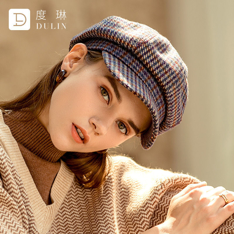 Beret female British retro pumpkin hat navy hat ladies Korean version of beerle hat autumn and winter Joker plaid octagonal hat