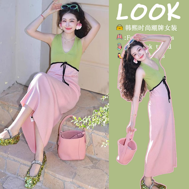 Dopamine Avocado Strawberry Color-Block V-Neck Ice Silk Knitted Tank Dress Women's Summer Wear Stunning Bodycon Long Dress