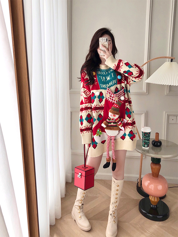Christmas and New Year Red Festive Snowman Sweater Dress for Women, Autumn and Winter New Year Outfit, Petite Mid-Length Thickened Dress