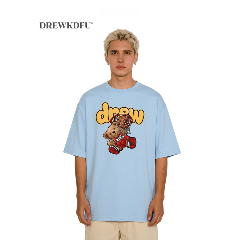 Drewkdfu Dunk Bear Heavyweight Pure Cotton High-Quality Short-Sleeved T-Shirt Men's 2026 New American High Street Couple Style